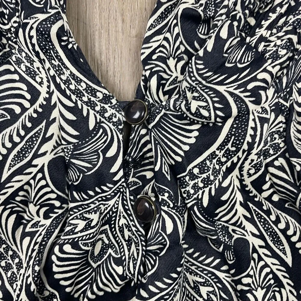 By Anthropologie Jumpsuit Womens 10 Black White Paisley Ruffle Neck Jogger Cuff - Picture 3 of 9